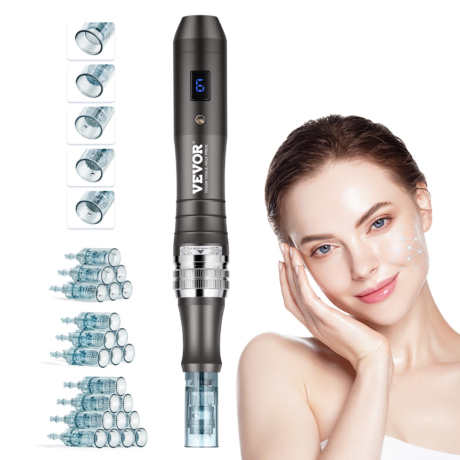 VEVOR Pluma de Microagujas Faciales 22 Cartuchos de Agujas Desechables Dermapen Eléctrico Profesional 6 Velocidades Variables Máquina de Microagujas Longitud de Aguja Ajustable 0-2,5 mm Pantalla LCD