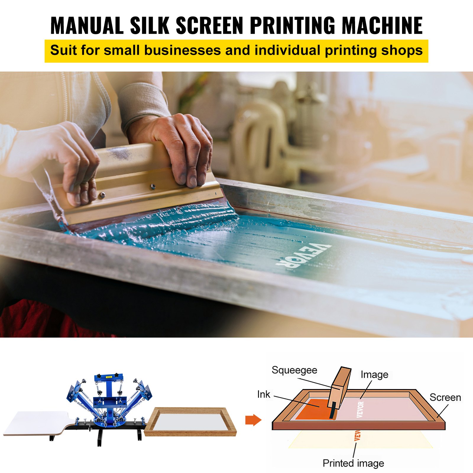 VEVOR Máquina de Serigrafía 4 Colores 2 Estaciones Tamaño 45x55cm Máquina de Impresión Pantalla de Base Giratoria 360° Placa de Acero Máquina de Impresión Pantalla Presión para Camiseta