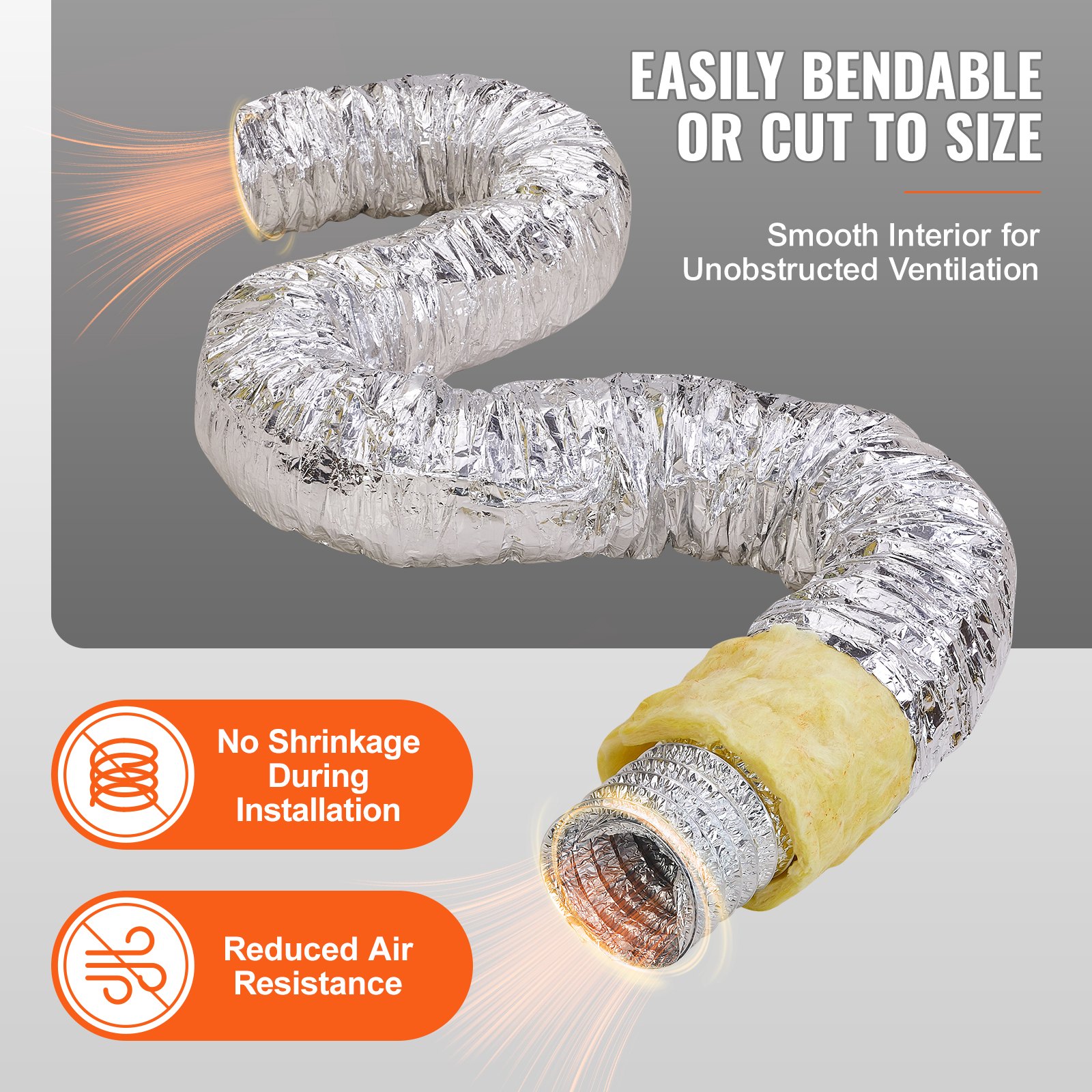 VEVOR Tubo Flexible Aislado 158x7620 mm Conducto de Ventilación con Aislamiento Térmico de Aluminio PET con 2 Abrazaderas de Manguera Protección de 3 Capas para Calefacción, Refrigeración, R-4.2