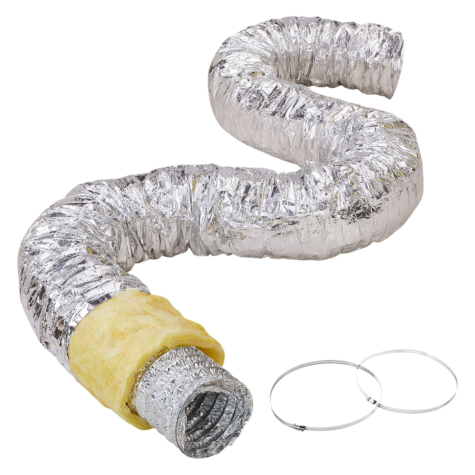 VEVOR Tubo Flexible Aislado 158x7620 mm Conducto de Ventilación con Aislamiento Térmico de Aluminio PET con 2 Abrazaderas de Manguera Protección de 3 Capas para Calefacción, Refrigeración, R-4.2