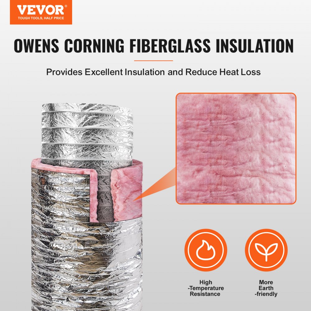 VEVOR Tubo Flexible Aislado 158x7620 mm Conducto de Ventilación con Aislamiento Térmico de Aluminio PET con 2 Abrazaderas de Manguera Protección de 3 Capas para Calefacción, Refrigeración, R-6.0