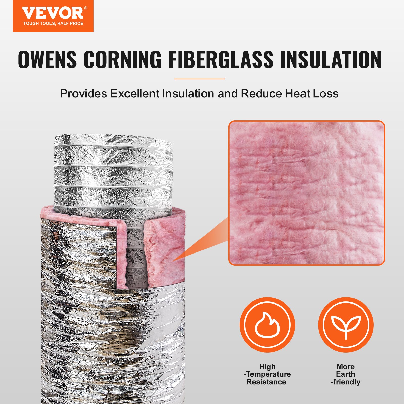 VEVOR Tubo Flexible Aislado 158x7620 mm Conducto de Ventilación con Aislamiento Térmico de Aluminio PET con 2 Abrazaderas de Manguera Protección de 3 Capas para Calefacción, Refrigeración, R-6.0
