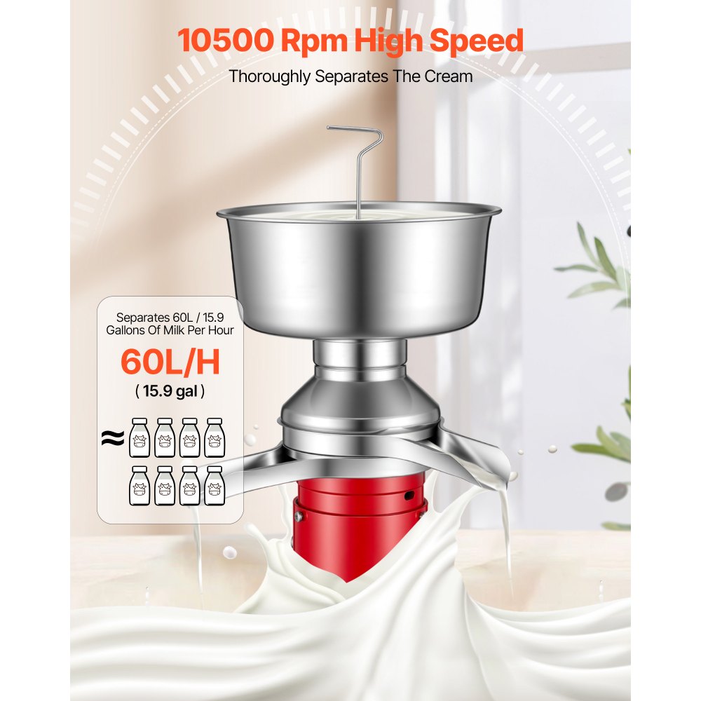 VEVOR Separador Centrífugo de Crema de Leche Eléctrico Salida de 60 L/h, 10.500rpm, Máquina Separadora de Leche de Acero Inoxidable 304, Recipiente de 4,5 L para Leche de Cabra, Vaca, 40 W 100-240 V