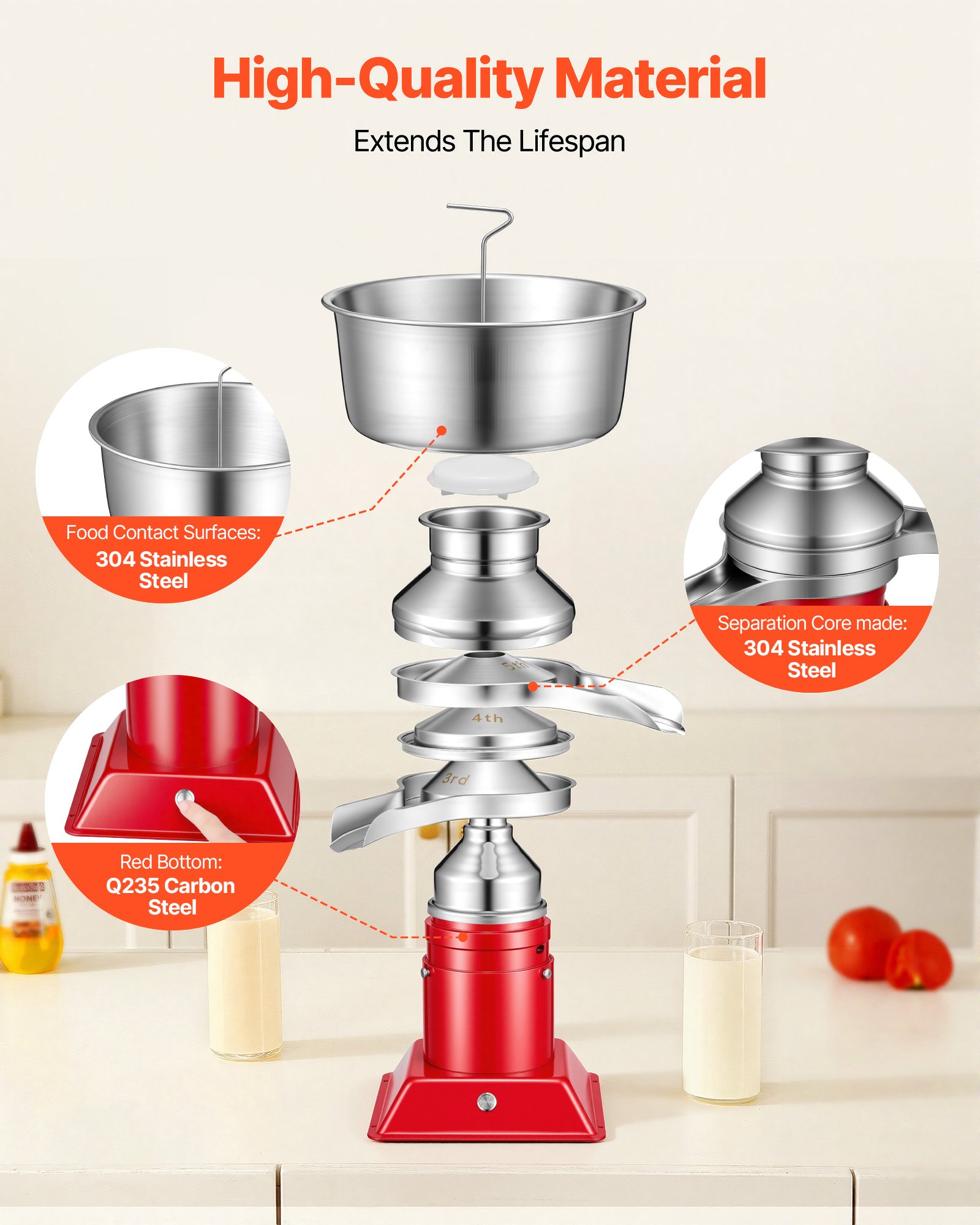 VEVOR Separador Centrífugo de Crema de Leche Eléctrico Salida de 60 L/h, 10.500rpm, Máquina Separadora de Leche de Acero Inoxidable 304, Recipiente de 4,5 L para Leche de Cabra, Vaca, 40 W 100-240 V