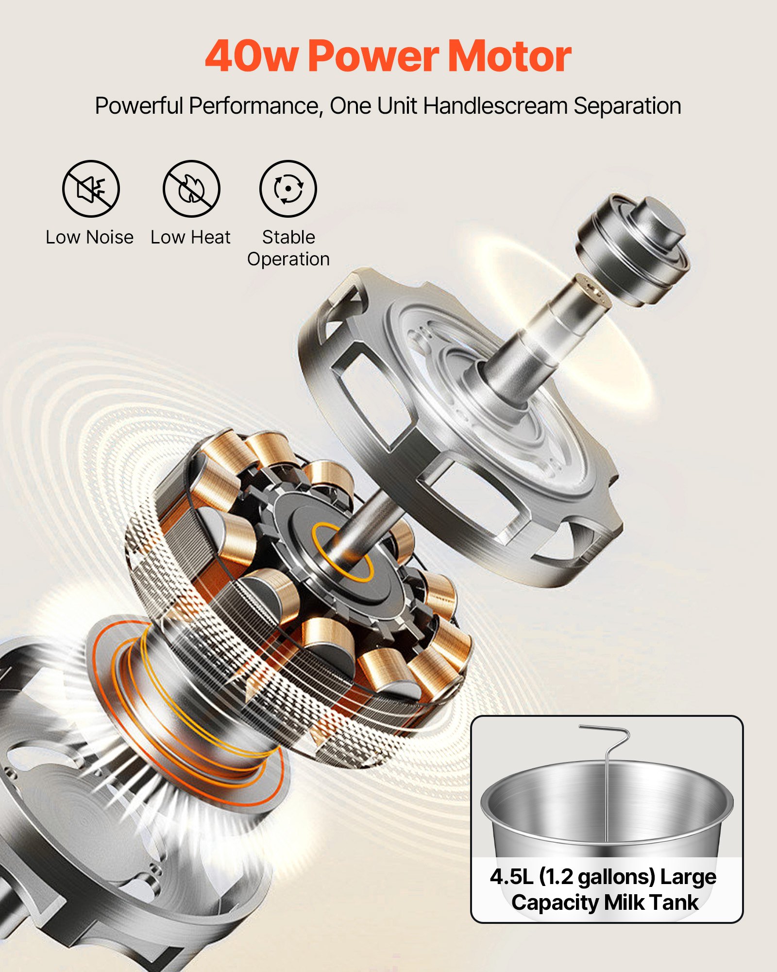 VEVOR Separador Centrífugo de Crema de Leche Eléctrico Salida de 60 L/h, 10.500rpm, Máquina Separadora de Leche de Acero Inoxidable 304, Recipiente de 4,5 L para Leche de Cabra, Vaca, 40 W 100-240 V