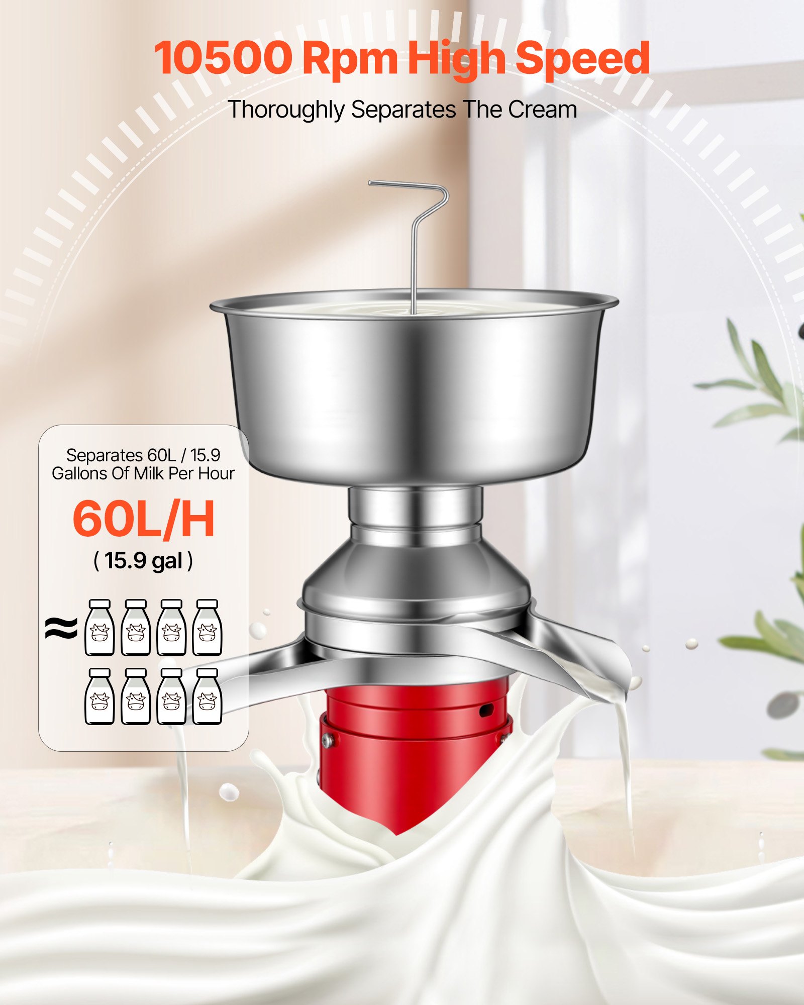 VEVOR Separador Centrífugo de Crema de Leche Eléctrico Salida de 60 L/h, 10.500rpm, Máquina Separadora de Leche de Acero Inoxidable 304, Recipiente de 4,5 L para Leche de Cabra, Vaca, 40 W 100-240 V