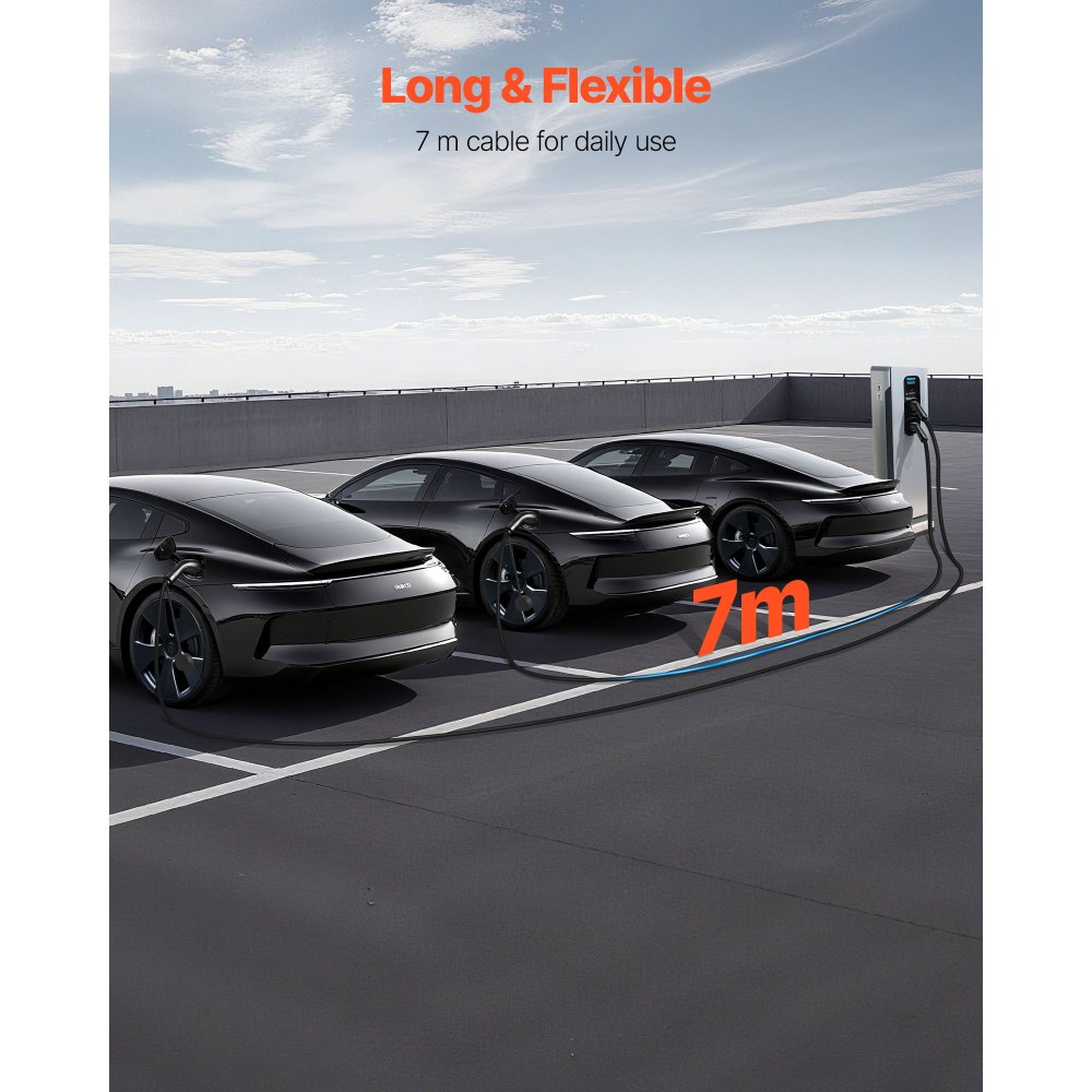 VEVOR Cable de Carga para Vehículos Eléctricos, 16 A, 7 m, máx. 11 kW, Alargador, Compatible con Cargadores de Vehículos Eléctricos Tipo 2, Trifásico CA 480 V 50 Hz, IP65, con Bolsa de Transporte