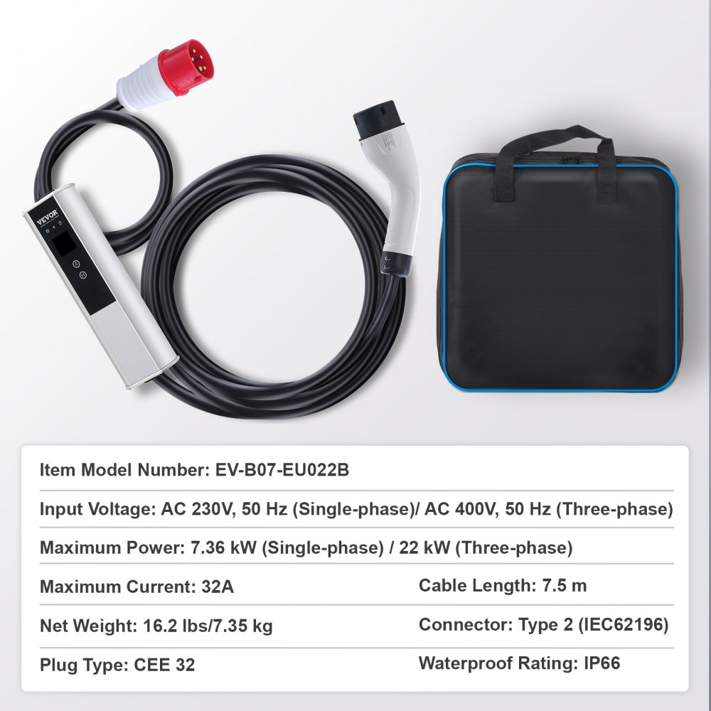 VEVOR Cargador Portátil para Vehículos Eléctricos Tipo 2 IEC6219 Cargador para Coche Eléctrico 32 A 7,36 kW Monofásico 22 kW Cable de Carga Trifásico 7,5 m CEE 32 Enchufe LCD IP66 con Bolsa Gancho
