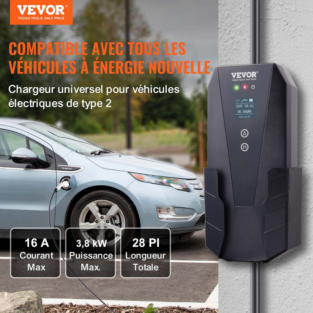 VEVOR Cargador EV Portátil Tipo 2 Cargador de Coche Eléctrico 16A 3,7kW con Cable de Carga 8,6m CEE 7/7 Pantalla LCD Casa EV IEC62196 Impermeable IP66 con Bolsa de Almacenamiento Gancho Cable de Carga