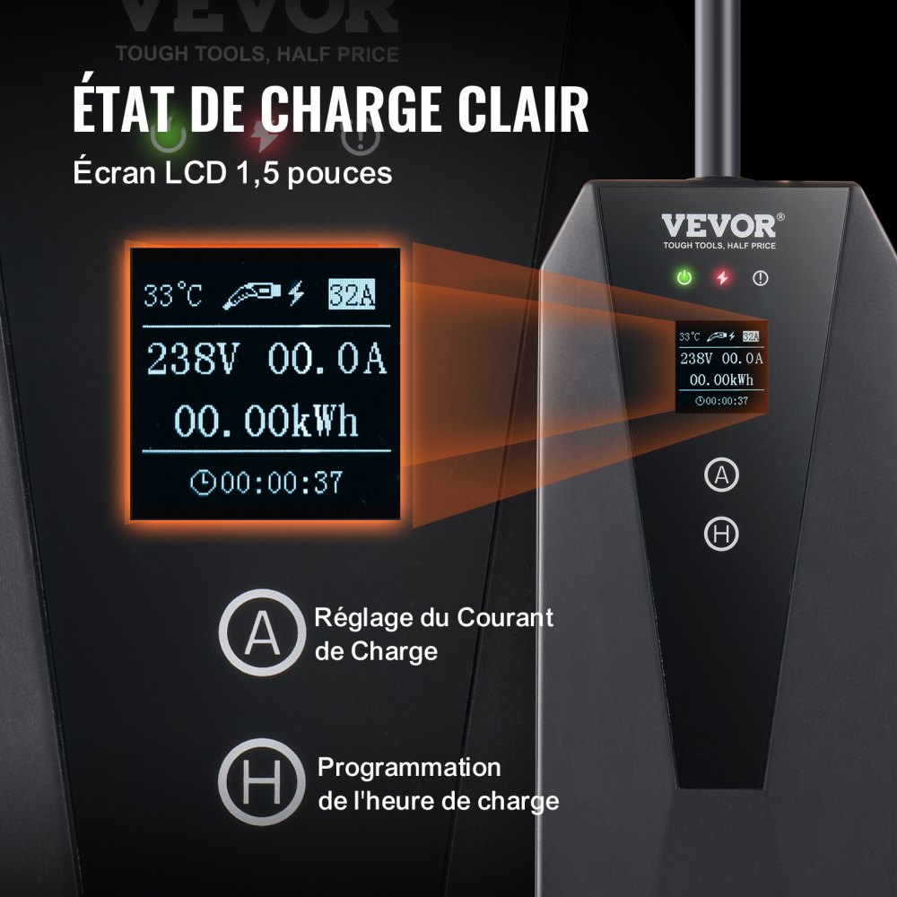 VEVOR Cargador EV Portátil Tipo 2 Cargador de Coche Eléctrico 16A 3,7kW con Cable de Carga 8,6m CEE 7/7 Pantalla LCD Casa EV IEC62196 Impermeable IP66 con Bolsa de Almacenamiento Gancho Cable de Carga