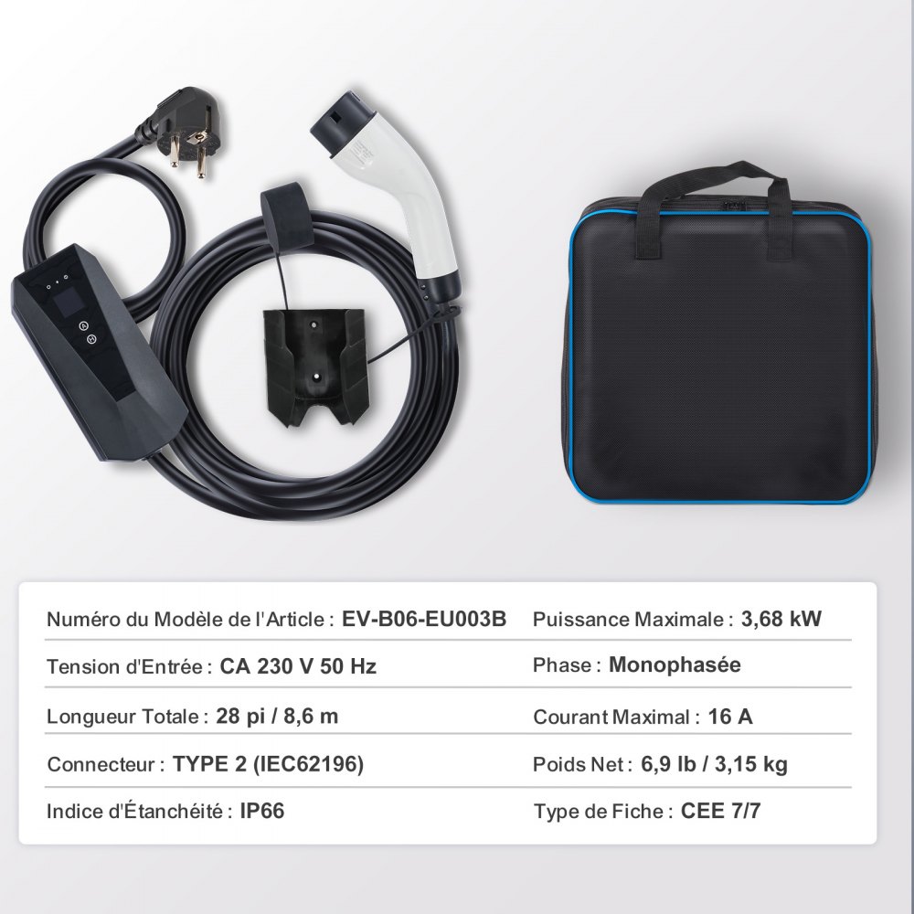 VEVOR Cargador EV Portátil Tipo 2 Cargador de Coche Eléctrico 16A 3,7kW con Cable de Carga 8,6m CEE 7/7 Pantalla LCD Casa EV IEC62196 Impermeable IP66 con Bolsa de Almacenamiento Gancho Cable de Carga