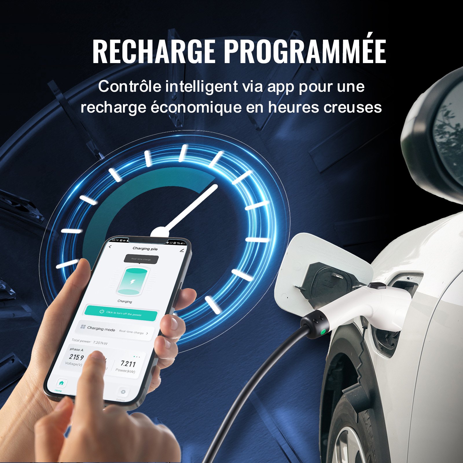 VEVOR Cargador EV Portátil Tipo 2 Cargador de Coche Eléctrico 16A 3,7kW con Cable de Carga 8,6m CEE 7/7 Pantalla LCD Casa EV IEC62196 Impermeable IP66 con Bolsa de Almacenamiento Gancho Cable de Carga