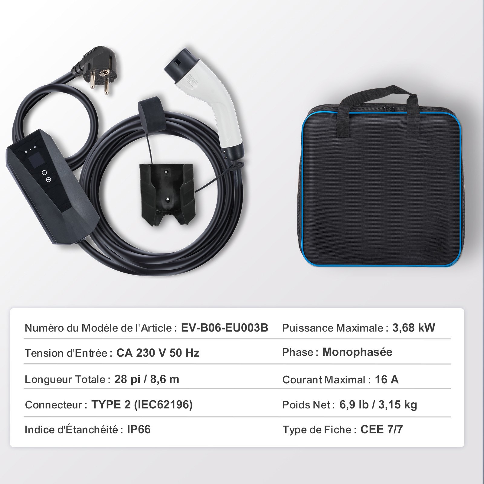 VEVOR Cargador EV Portátil Tipo 2 Cargador de Coche Eléctrico 16A 3,7kW con Cable de Carga 8,6m CEE 7/7 Pantalla LCD Casa EV IEC62196 Impermeable IP66 con Bolsa de Almacenamiento Gancho Cable de Carga