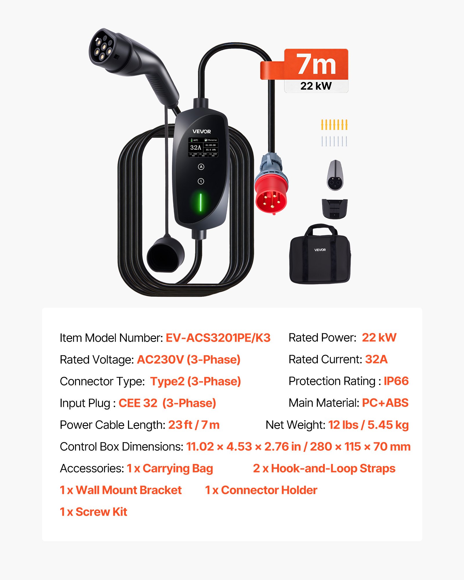 VEVOR Cargador para Vehículo Eléctrico Tipo 2 Trifásico 22 kW 32 A, Cargador de Pared EV con Cable de 7 m, Punto de Carga con Enchufe CEE32, Pantalla LCD, Estación de Carga y Caja de Control IP66