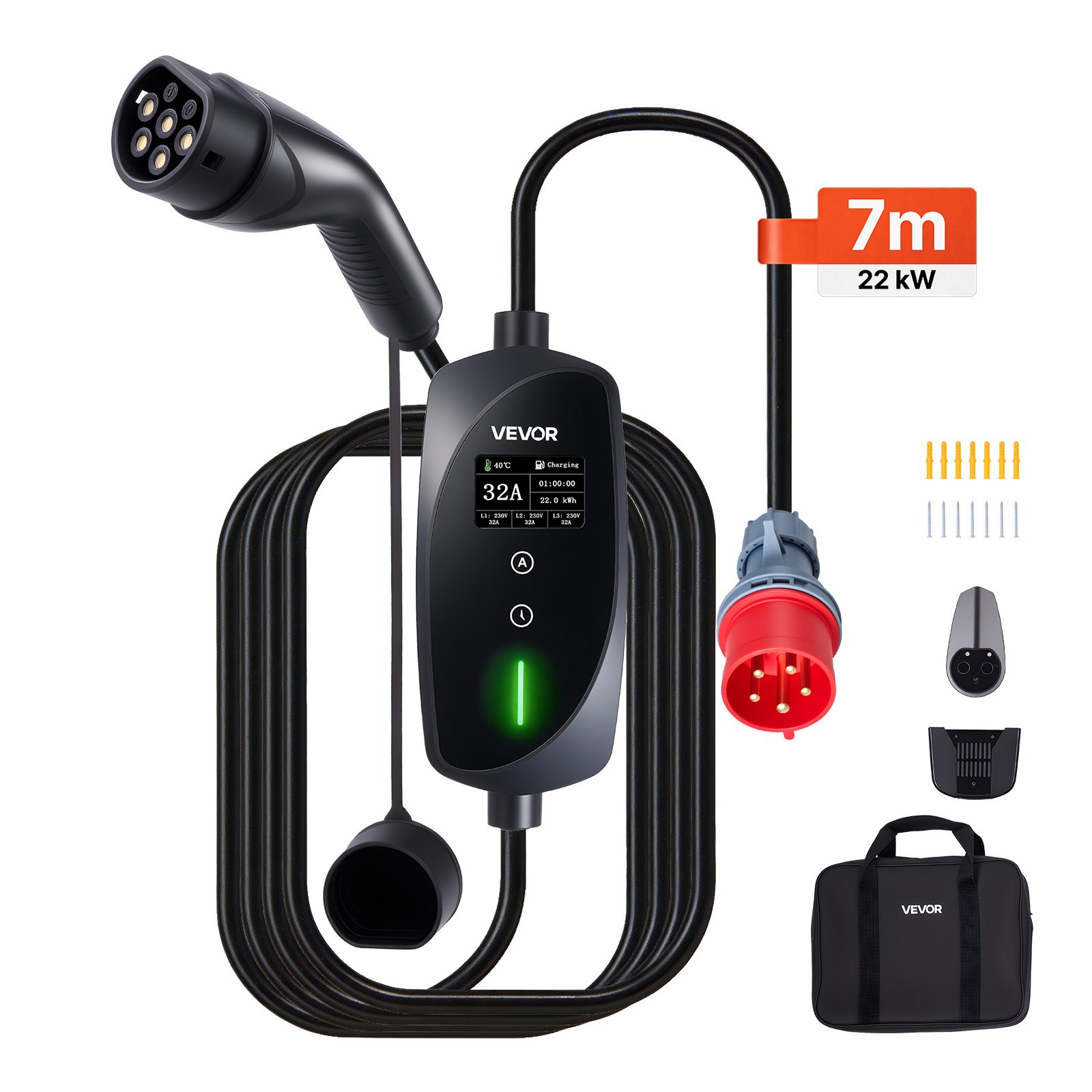 VEVOR Cargador para Vehículo Eléctrico Tipo 2 Trifásico 22 kW 32 A, Cargador de Pared EV con Cable de 7 m, Punto de Carga con Enchufe CEE32, Pantalla LCD, Estación de Carga y Caja de Control IP66