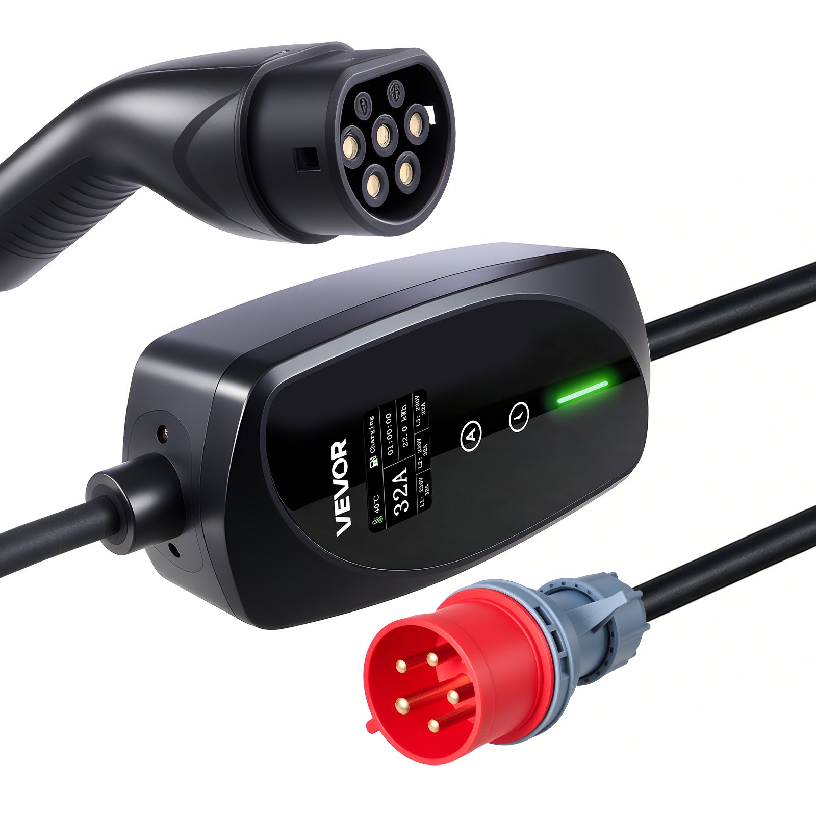 VEVOR Cargador para Vehículo Eléctrico Tipo 2 Trifásico 22 kW 32 A, Cargador de Pared EV con Cable de 7 m, Punto de Carga con Enchufe CEE32, Pantalla LCD, Estación de Carga y Caja de Control IP66