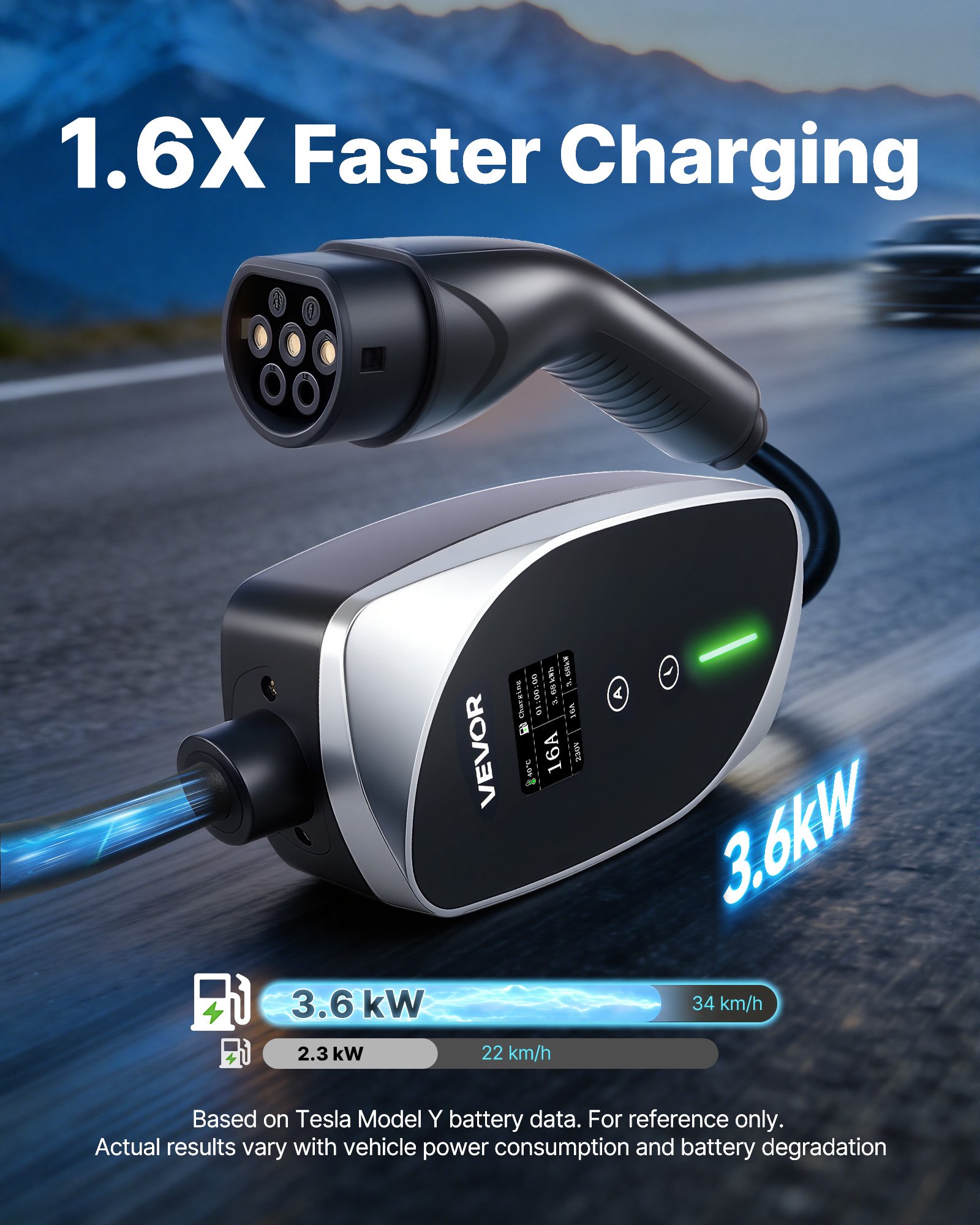 VEVOR Cargador para Vehículo Eléctrico Tipo 2 Monofásico 3,6 kW 16 A, Cargador de Pared EV con Cable de 6 m, Punto de Carga con Enchufe Schuko, Pantalla LCD, Estación de Carga y Caja de Control IP66