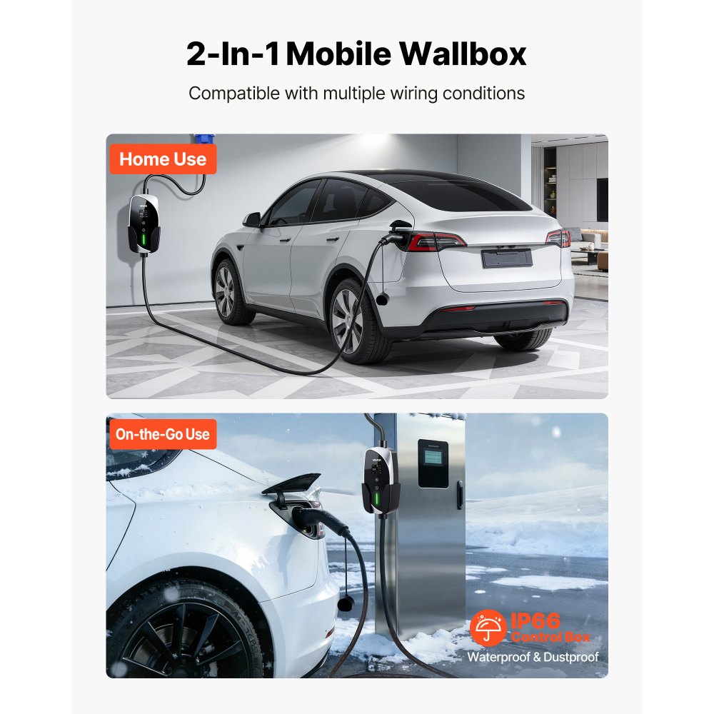 VEVOR Cargador para Vehículo Eléctrico Tipo 2 Monofásico 7,4 kW 32 A, Cargador de Pared EV con Cable de 6 m, Punto de Carga con Enchufe CEE32, Pantalla LCD, Estación de Carga y Caja de Control IP66