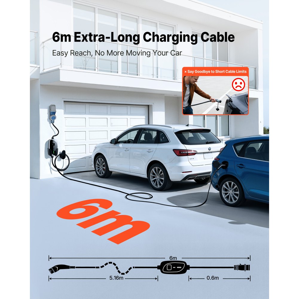 VEVOR Cargador para Vehículo Eléctrico Tipo 2 Monofásico 7,4 kW 32 A, Cargador de Pared EV con Cable de 6 m, Punto de Carga con Enchufe CEE32, Pantalla LCD, Estación de Carga y Caja de Control IP66