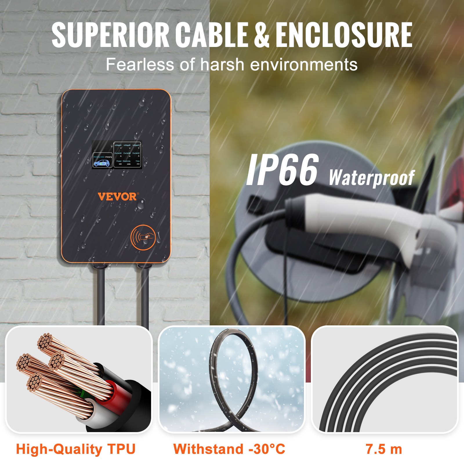 VEVOR Estación de Carga para Vehículos Eléctricos 7,4kW/22kW Estación de Carga EV 0-32A Ajustable Tipo 2 Cable TPU 7,5m IEC 62196 Monofásico/Trifásico para Interior Exterior IP66 TÜV 220-240/380-400 V