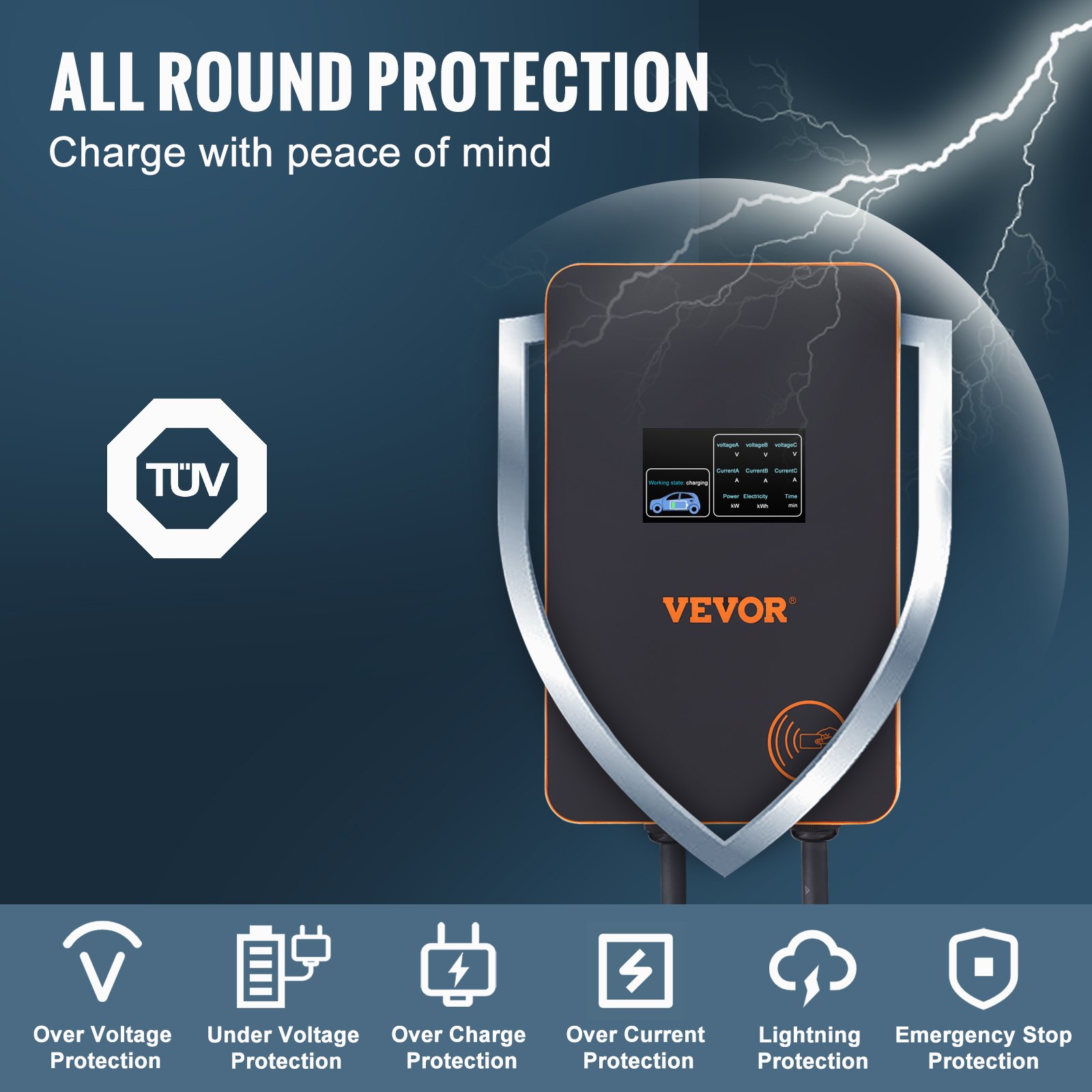 VEVOR Estación de Carga para Vehículos Eléctricos 7,4kW/22kW Estación de Carga EV 0-32A Ajustable Tipo 2 Cable TPU 7,5m IEC 62196 Monofásico/Trifásico para Interior Exterior IP66 TÜV 220-240/380-400 V