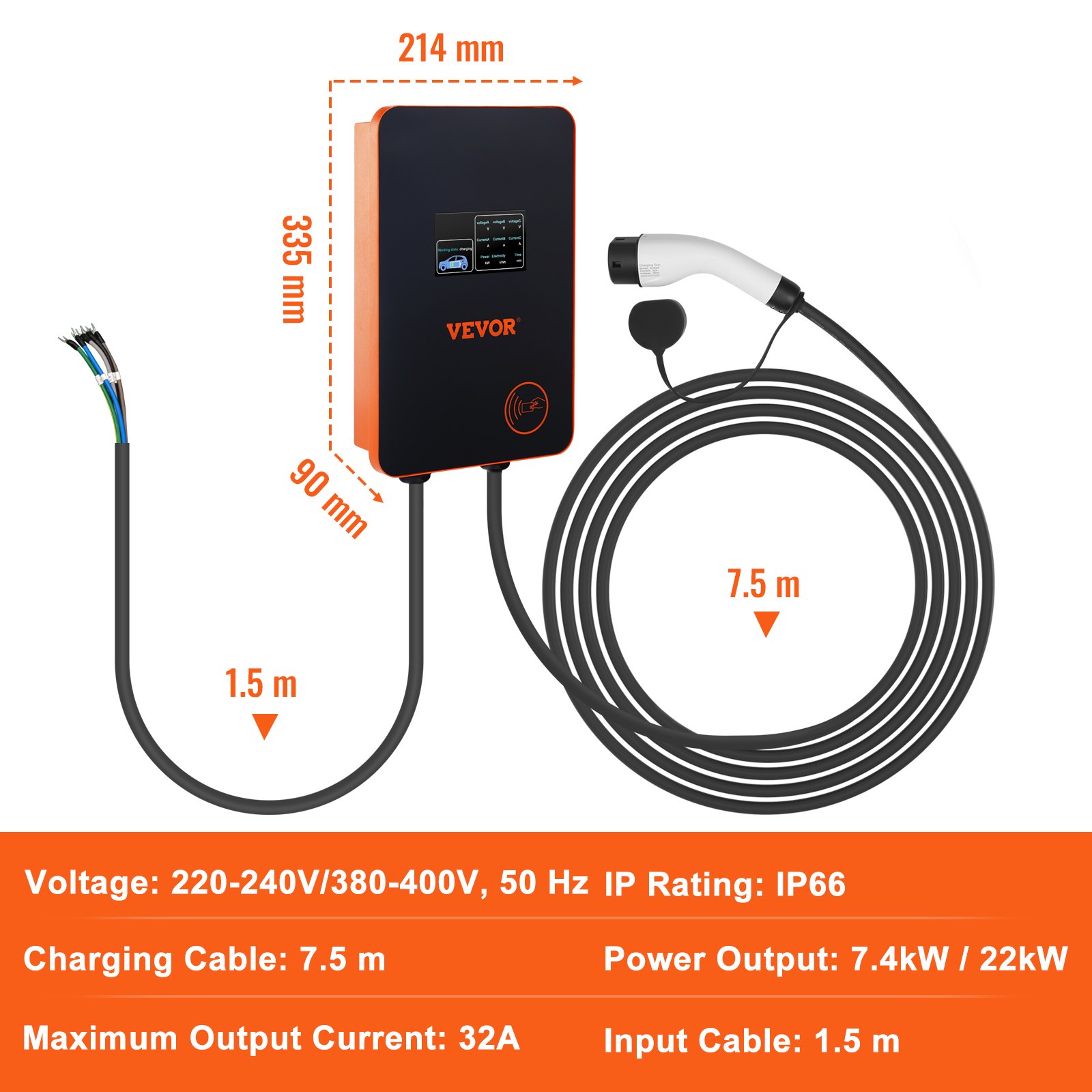 VEVOR Estación de Carga para Vehículos Eléctricos 7,4kW/22kW Estación de Carga EV 0-32A Ajustable Tipo 2 Cable TPU 7,5m IEC 62196 Monofásico/Trifásico para Interior Exterior IP66 TÜV 220-240/380-400 V