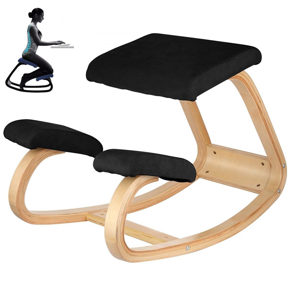 Silla ergonómica de rodillas VEVOR con estructura de madera y almohadillas acolchadas negras.