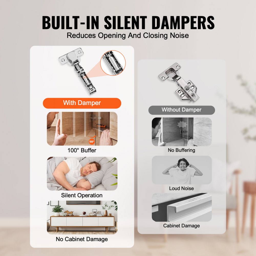 VEVOR Cabinet Hinges, Set of 50, Fully Surface Mounted Furniture Hinges, 100-Degree Opening Angle, Soft-Close, Concealed Cup Hinges for Frameless Cabinets, with Mounting Screws 115x62x28mm