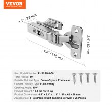 VEVOR Bisagras para Puertas de Gabinetes con o sin Marco 115 x 62 x 28 mm 50 uds