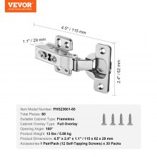 VEVOR Bisagras para Puertas de Gabinete sin Marco 60 uds 115 x 62 x 29 mm Plata