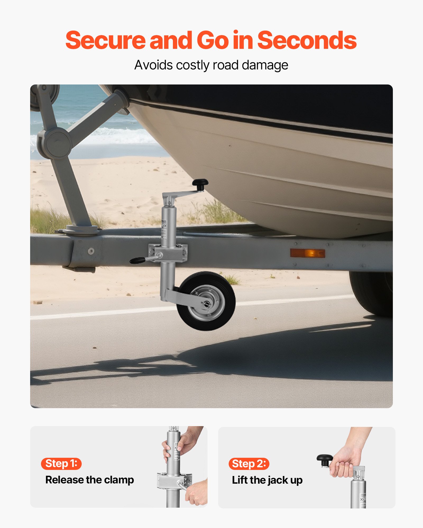 VEVOR Rueda de Apoyo 550–780 mm de Altura Ajustable, Capacidad de Carga hasta 150 kg, con Rueda Simple y Mango Ergonómico, Adecuado para Remolques, Caravanas y Barcos, 250 x 130 x 550 mm, Plata