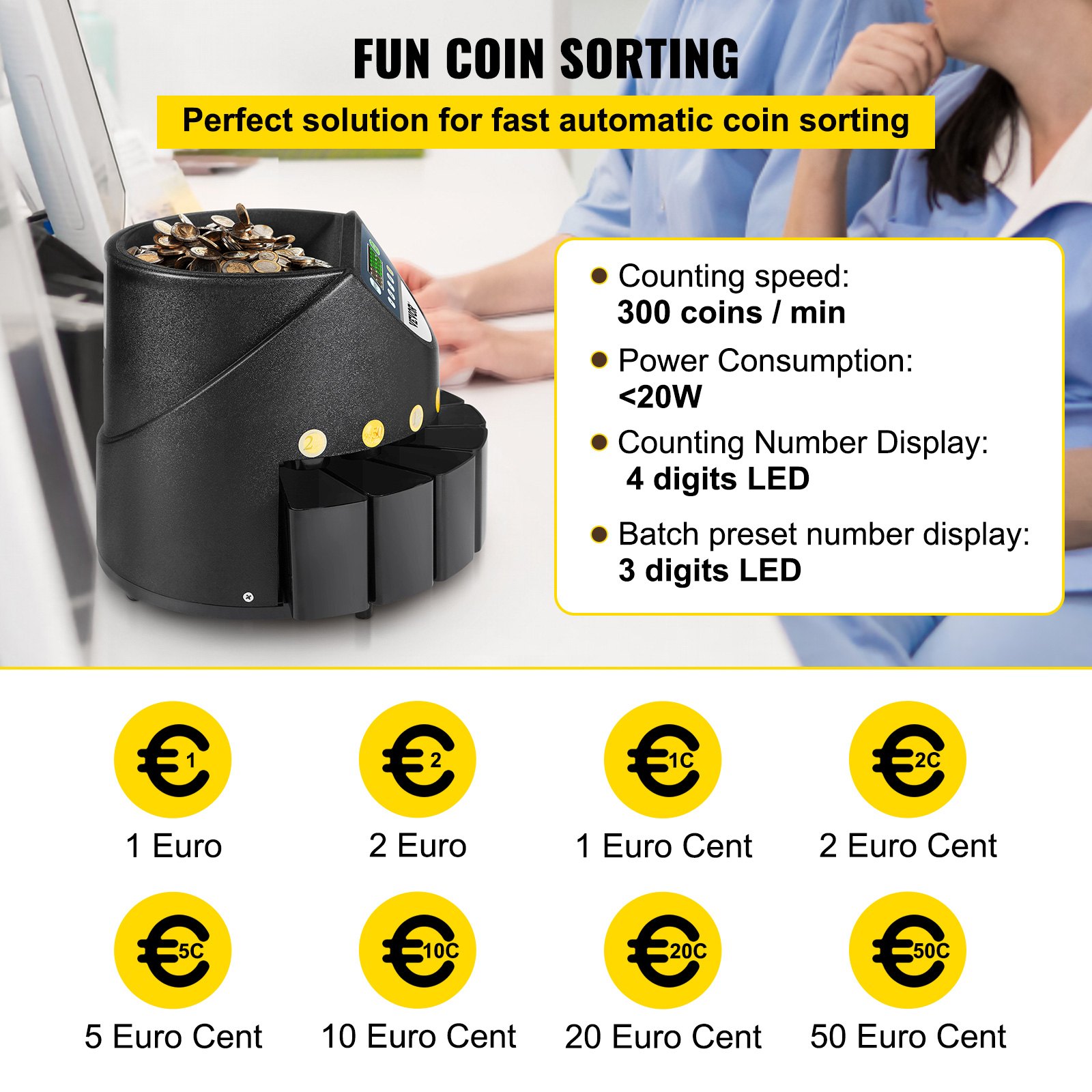 Moh Contador de Monedas Euro Profesional 220 V, Clasificador de Monedas Pantalla LED de 7 Dígitos 170 Monedas por Minuto, Máquina de Conteo de Monedas con 8 Cajas de Recolección de Alta Precisión