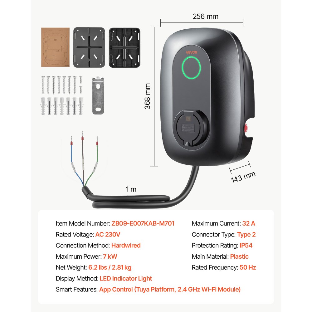 VEVOR Estación de Carga de Vehículo Eléctrico 7kW, 32A, 230V CA, Cargador de Coche Eléctrico Monofásico Tipo 2, Control por Aplicación, Indicador LED, para Vehículos Eléctricos e Híbridos Enchufables