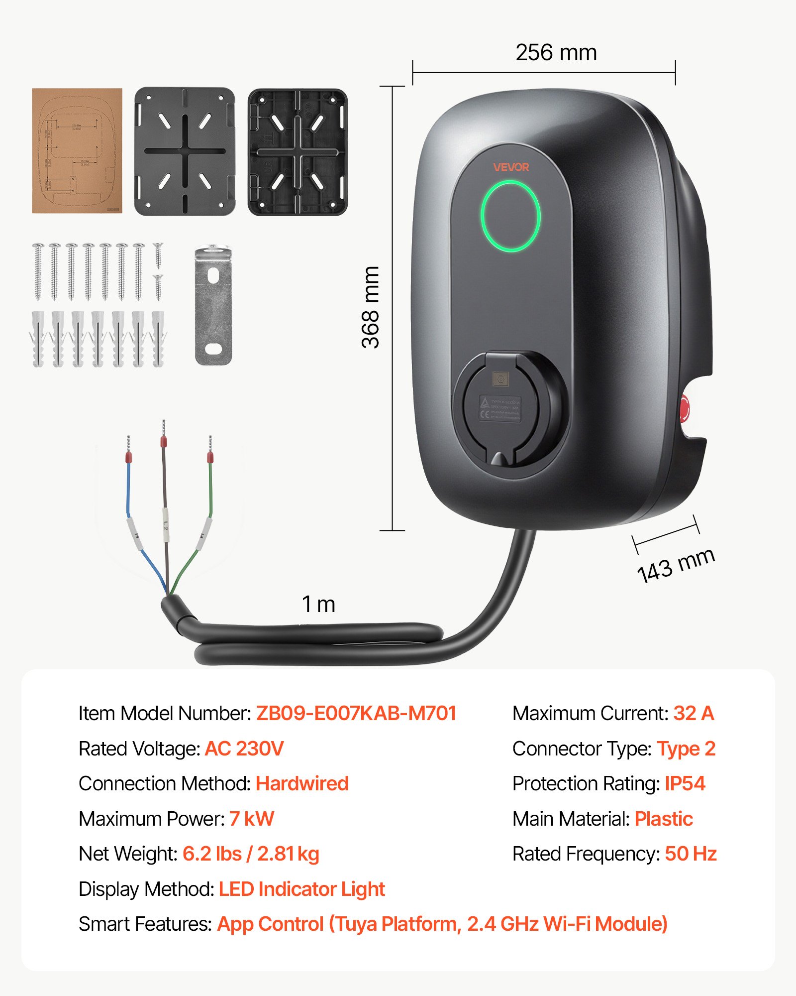 VEVOR Estación de Carga de Vehículo Eléctrico 7kW, 32A, 230V CA, Cargador de Coche Eléctrico Monofásico Tipo 2, Control por Aplicación, Indicador LED, para Vehículos Eléctricos e Híbridos Enchufables