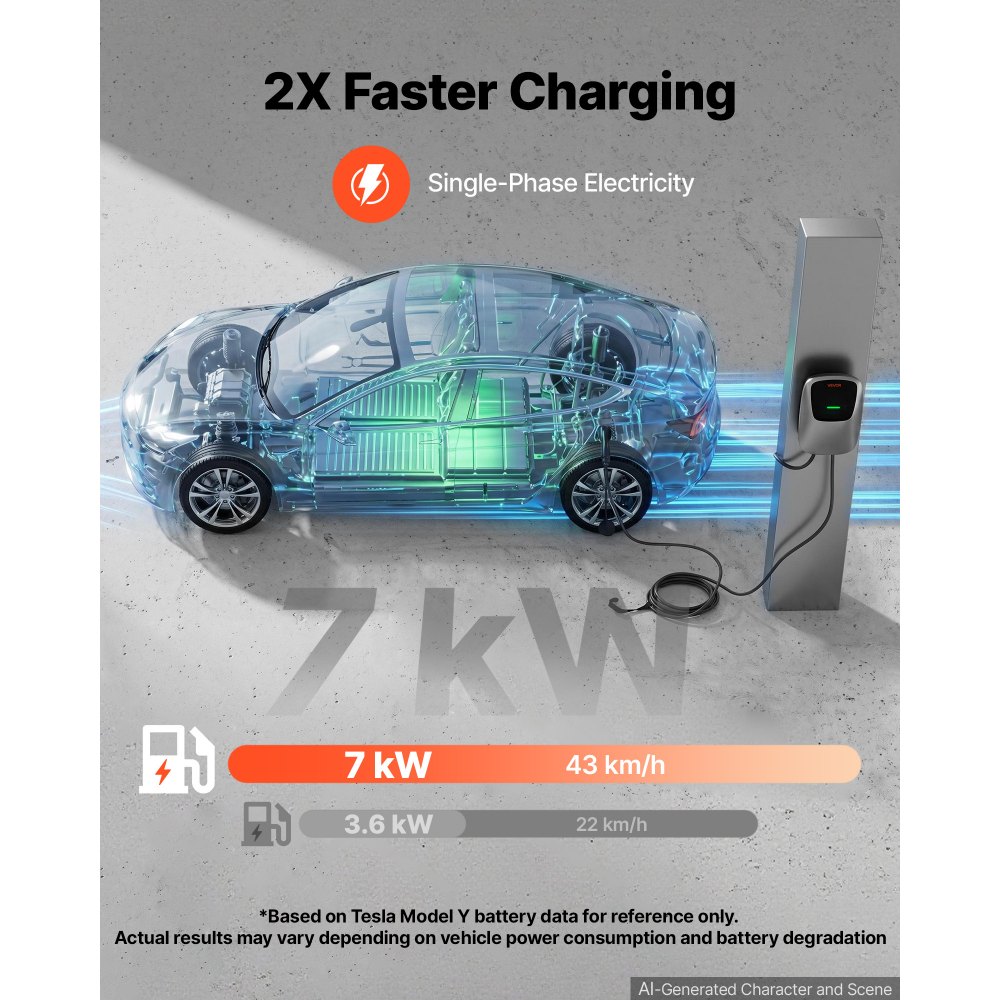 VEVOR Estación de Carga para Vehículo Eléctrico 7kW, 32A, 230V CA, Cargador EV Monofásico Tipo 2, Cable 5 m, Control por Aplicación, Indicador LED, para Vehículos Eléctricos e Híbridos Enchufables