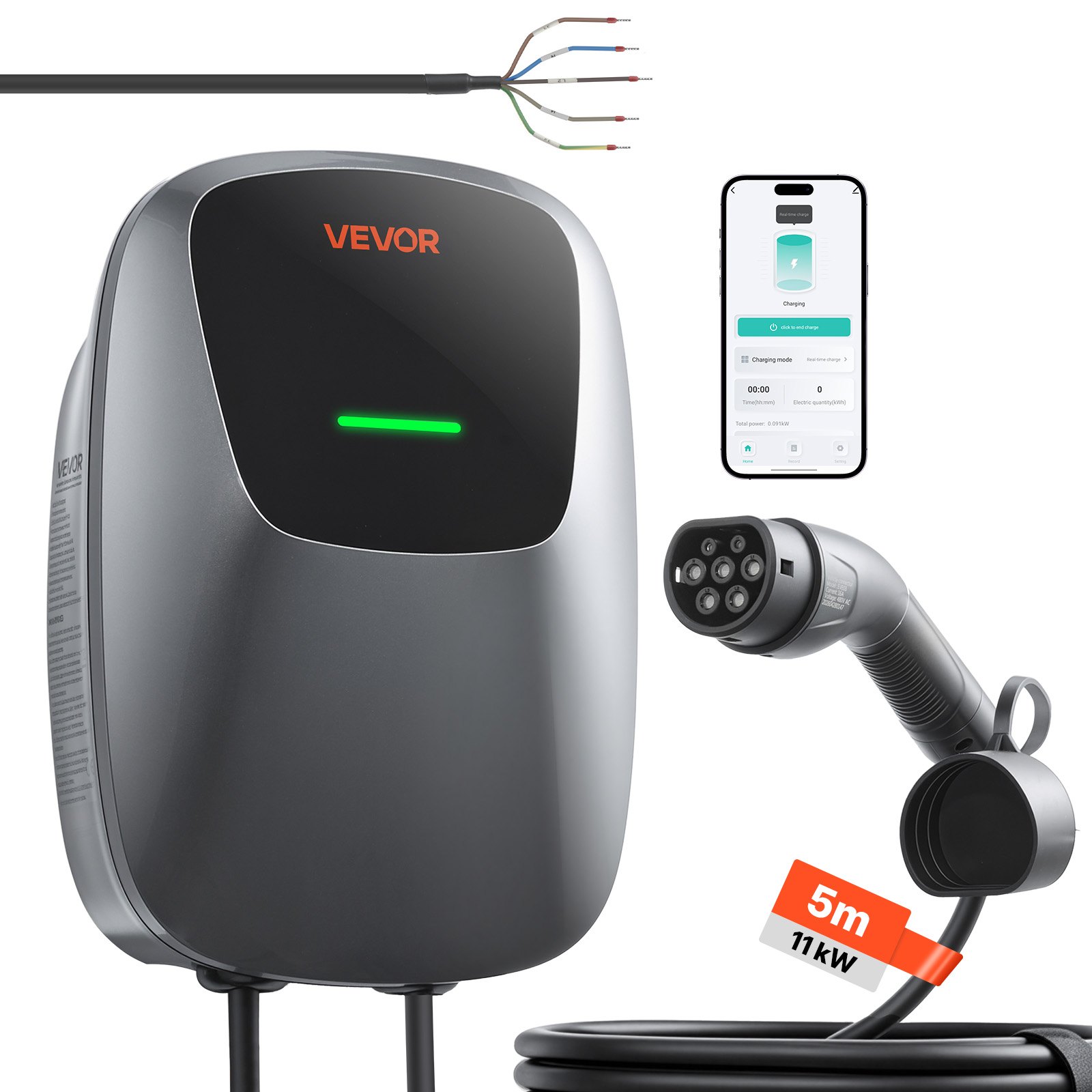 VEVOR Estación de Carga para Vehículo Eléctrico 11kW, 16A, 400V CA, Cargador EV Trifásico Tipo 2, Cable 5 m, Control por Aplicación, Indicador LED, para Vehículos Eléctricos e Híbridos Enchufables