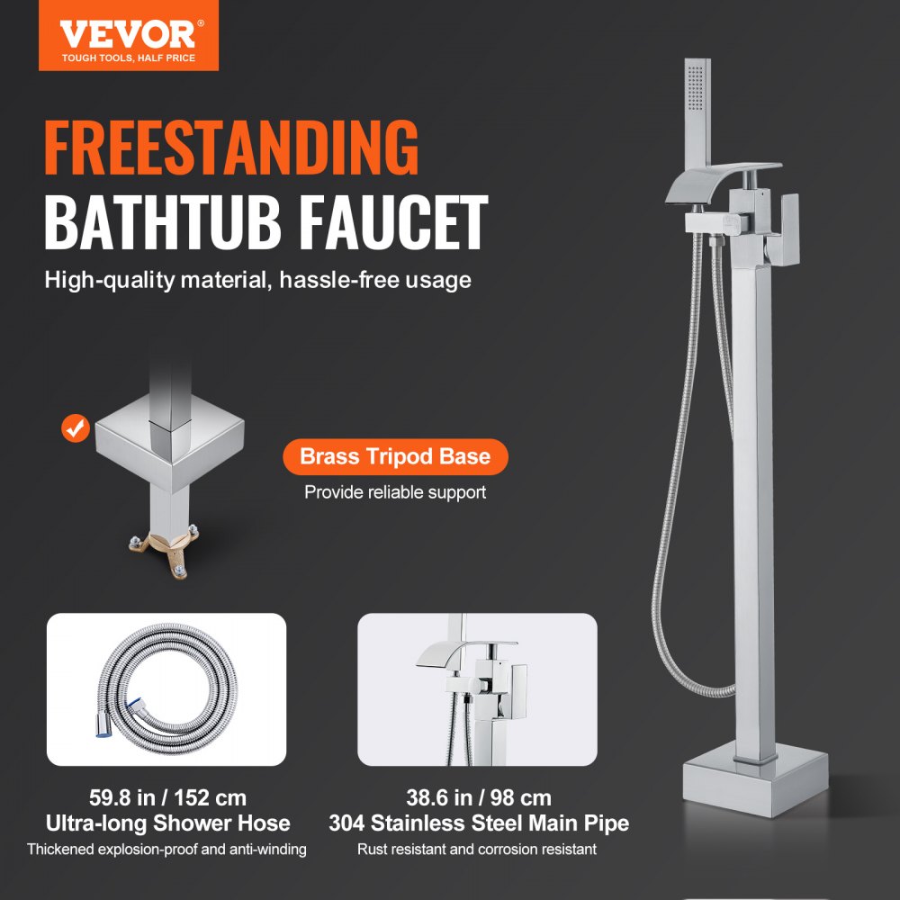 VEVOR Grifo de Bañera Independiente Mezclador de Ducha Llenado de Bañera Independiente 2 Modos de Agua Caño Giratorio de 360° para Ducha de Baño, Limpieza de Desagües, Plateado Pulido