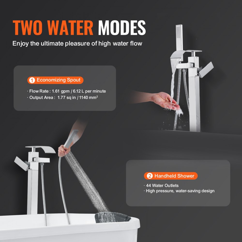 VEVOR Grifo de Bañera Independiente Mezclador de Ducha Llenado de Bañera Independiente 2 Modos de Agua Caño Giratorio de 360° para Ducha de Baño, Limpieza de Desagües, Plateado Pulido