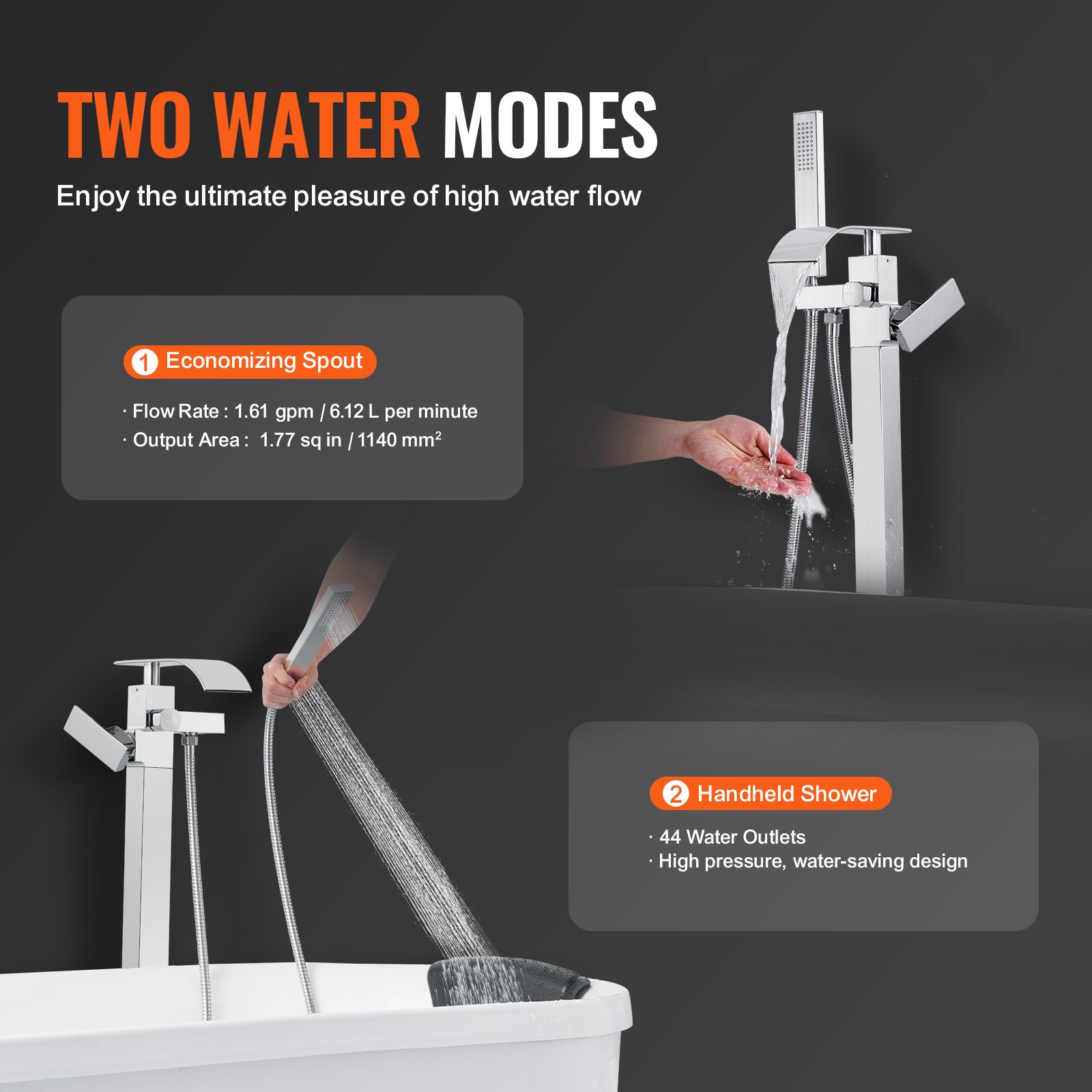 VEVOR Grifo de Bañera Independiente Mezclador de Ducha Llenado de Bañera Independiente 2 Modos de Agua Caño Giratorio de 360° para Ducha de Baño, Limpieza de Desagües, Plateado Pulido