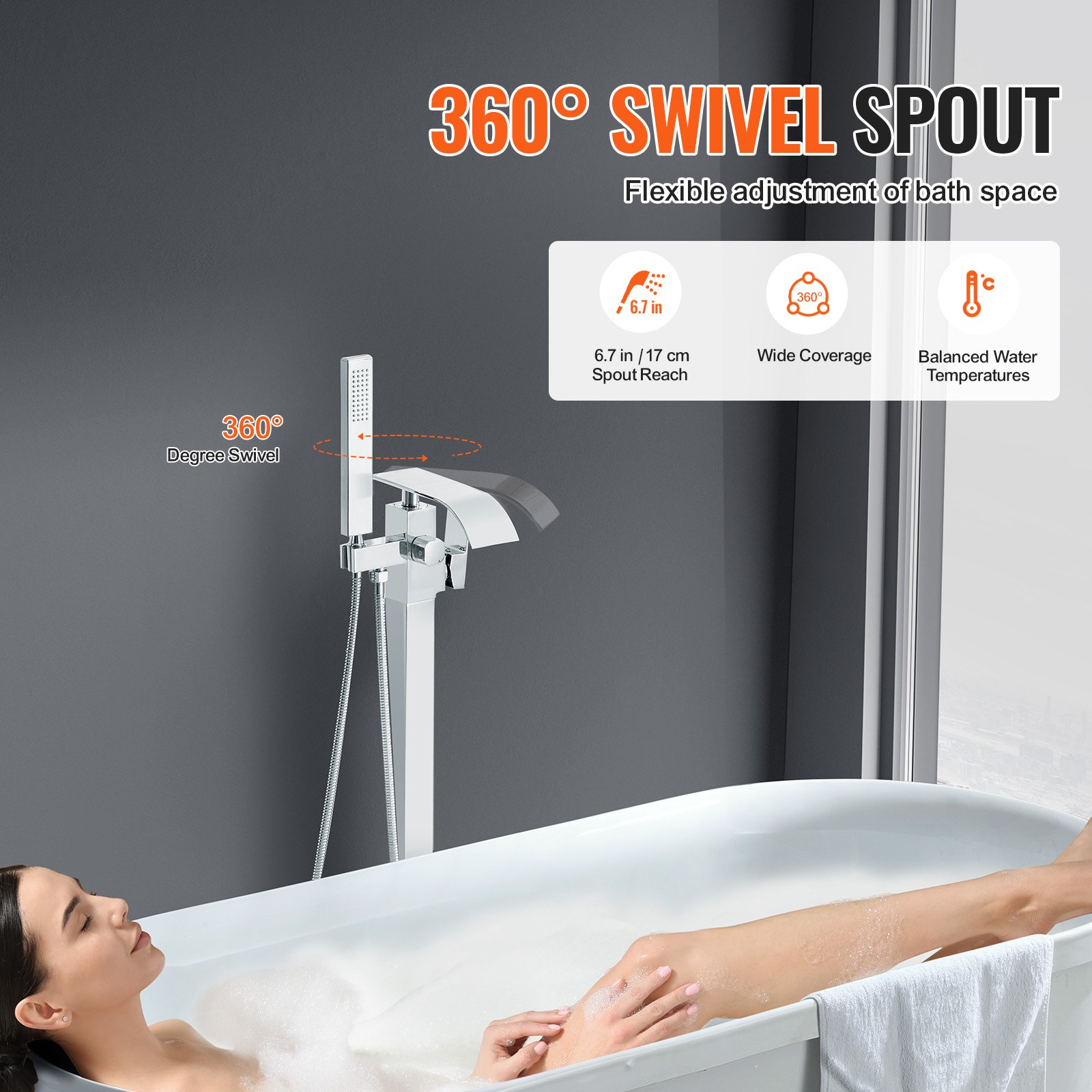 VEVOR Grifo de Bañera Independiente Mezclador de Ducha Llenado de Bañera Independiente 2 Modos de Agua Caño Giratorio de 360° para Ducha de Baño, Limpieza de Desagües, Plateado Pulido