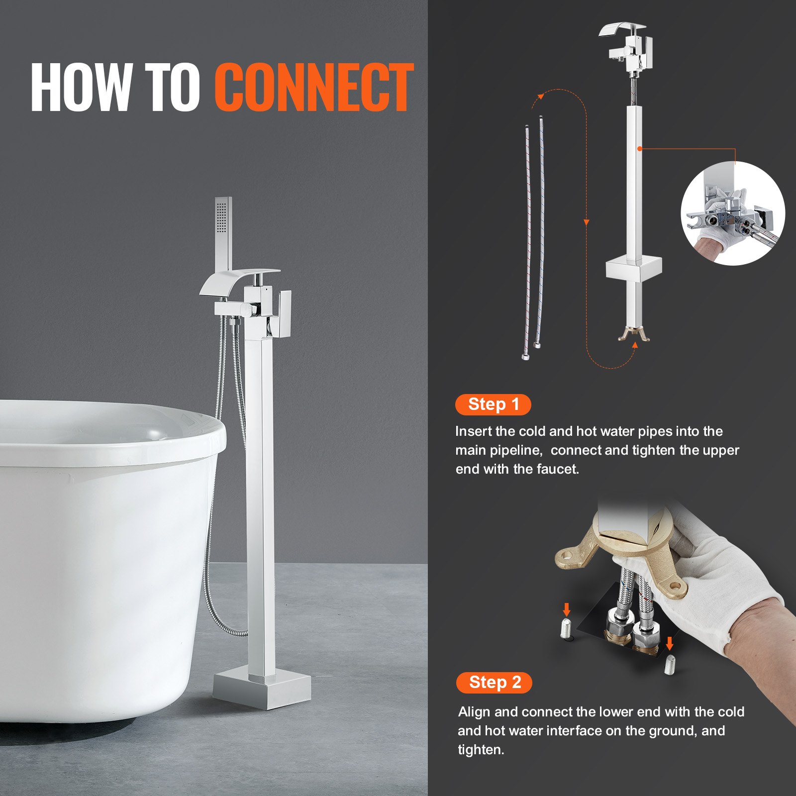 VEVOR Grifo de Bañera Independiente Mezclador de Ducha Llenado de Bañera Independiente 2 Modos de Agua Caño Giratorio de 360° para Ducha de Baño, Limpieza de Desagües, Plateado Pulido