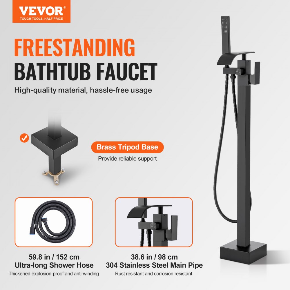 VEVOR Freestanding Bathtub Faucet with Hand Shower, Classic Waterfall Bathtub Faucet Set, Black Bathtub Faucet 1.61 GPM Flow Rate, Bathtub Mixer Tap Shower System