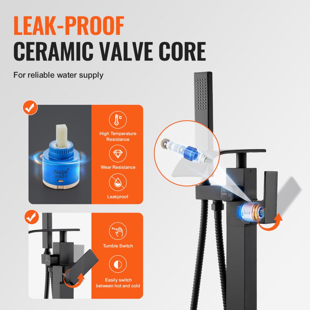 VEVOR Freestanding Bathtub Faucet with Hand Shower, Classic Waterfall Bathtub Faucet Set, Black Bathtub Faucet 1.61 GPM Flow Rate, Bathtub Mixer Tap Shower System