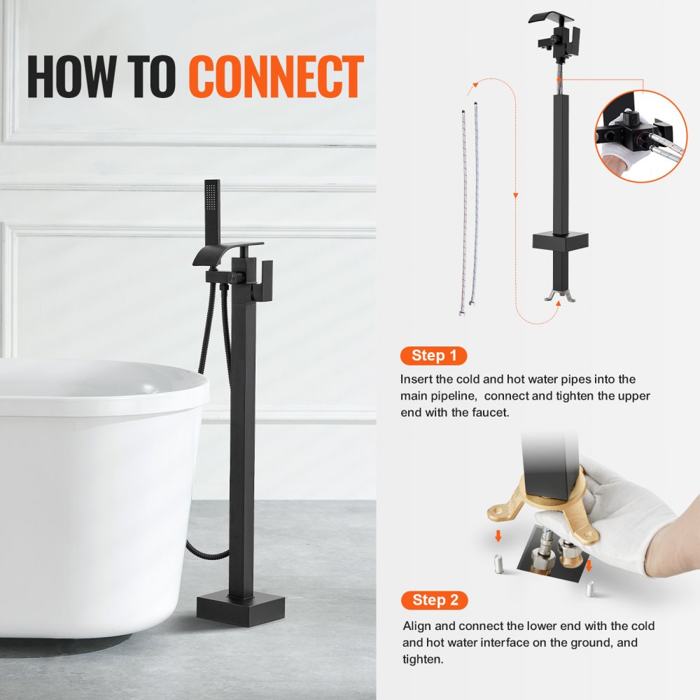 VEVOR Freestanding Bathtub Faucet with Hand Shower, Classic Waterfall Bathtub Faucet Set, Black Bathtub Faucet 1.61 GPM Flow Rate, Bathtub Mixer Tap Shower System