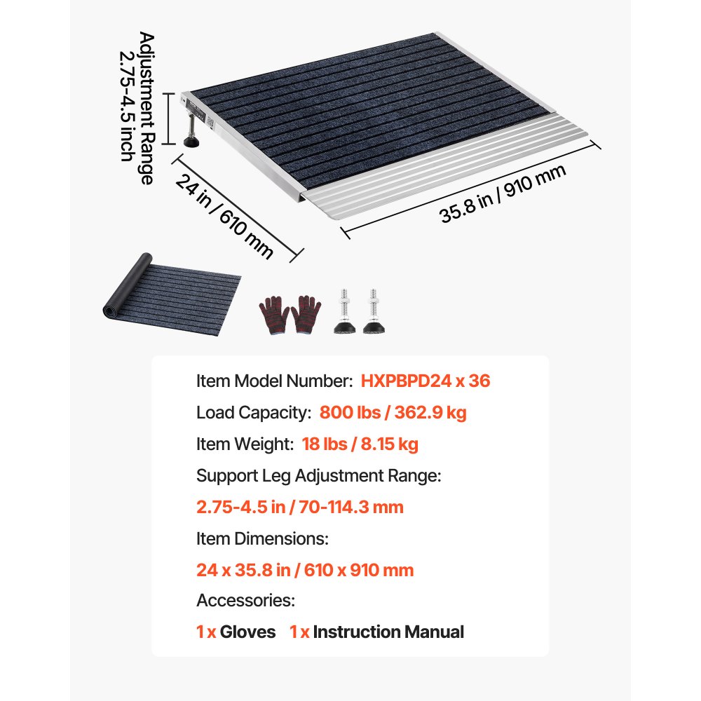 VEVOR Rampa para Silla de Ruedas de 610 x 910 mm, Rampa de Umbral de Aluminio Antideslizante, Capacidad de Carga 362,9 kg, Plataforma para Andadores, Entradas, Carros, Garajes, Puertas y Scooters