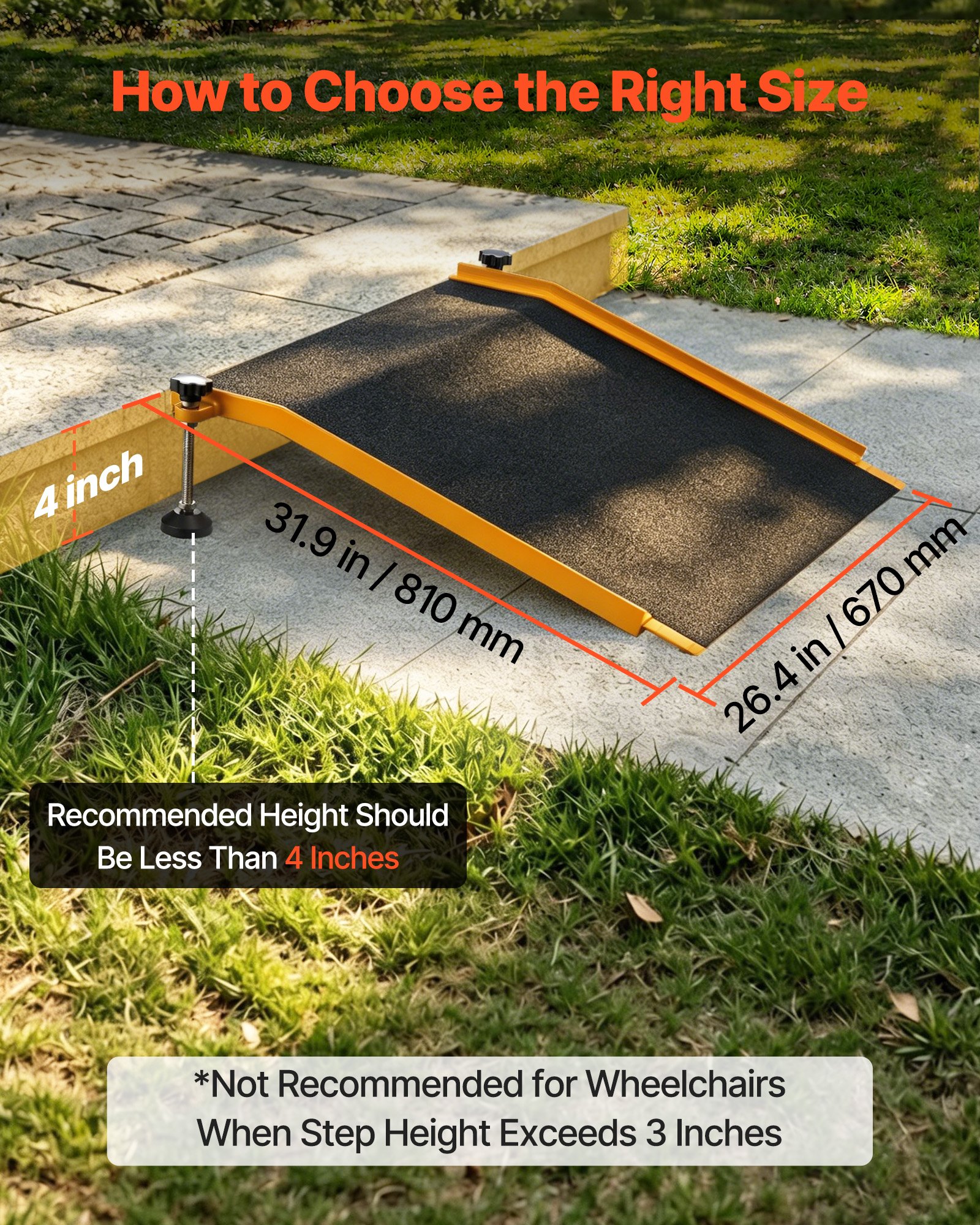 VEVOR Rampa para Silla de Ruedas de 670 x 810 mm, Rampa de Umbral de Aluminio Antideslizante, Capacidad de Carga 181,4 kg, Plataforma para Entradas, Garajes, Andadores, Puertas, Scooters y Carros