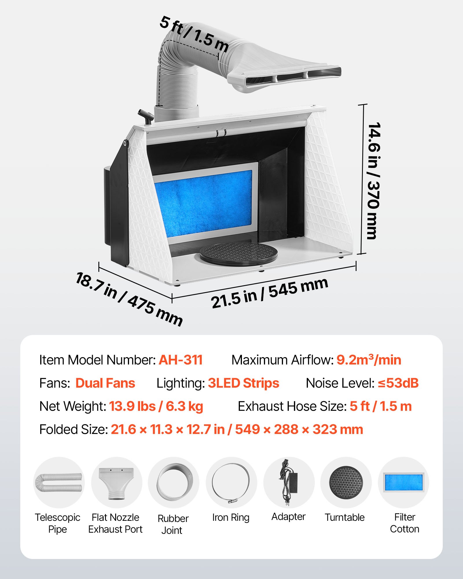 VEVOR Cabina de Pintura con Aerógrafo, con Ventilador Doble, 545 x 475 x 370 mm, con 3 Luces LED y Manguera de Extensión, para Pintar Modelos y Arte, 9,2 m³/min, Ideal para Trabajos Creativos