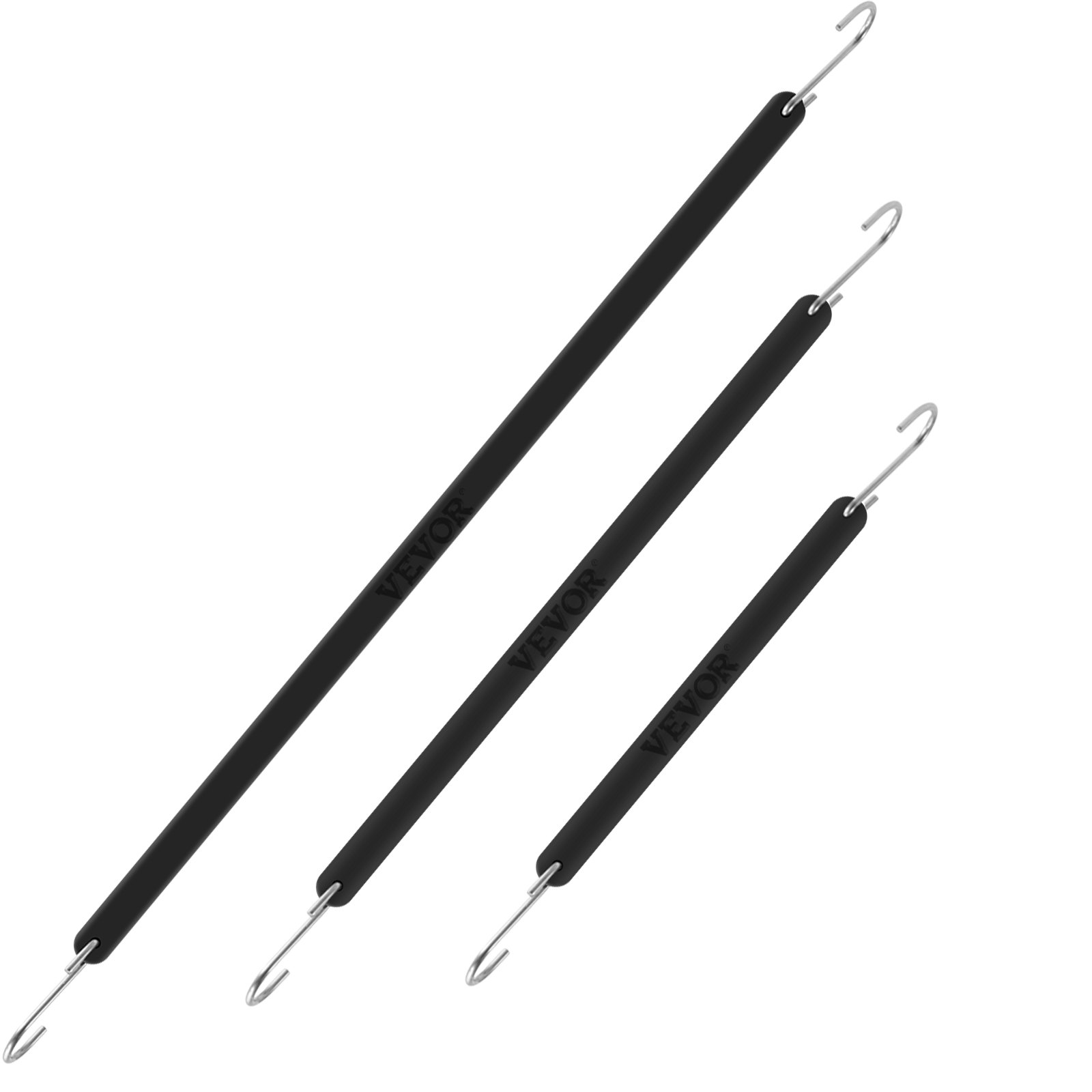Cuerdas elásticas de goma VEVOR en tres tamaños con ganchos de metal, color negro, dispuestos en orden descendente.