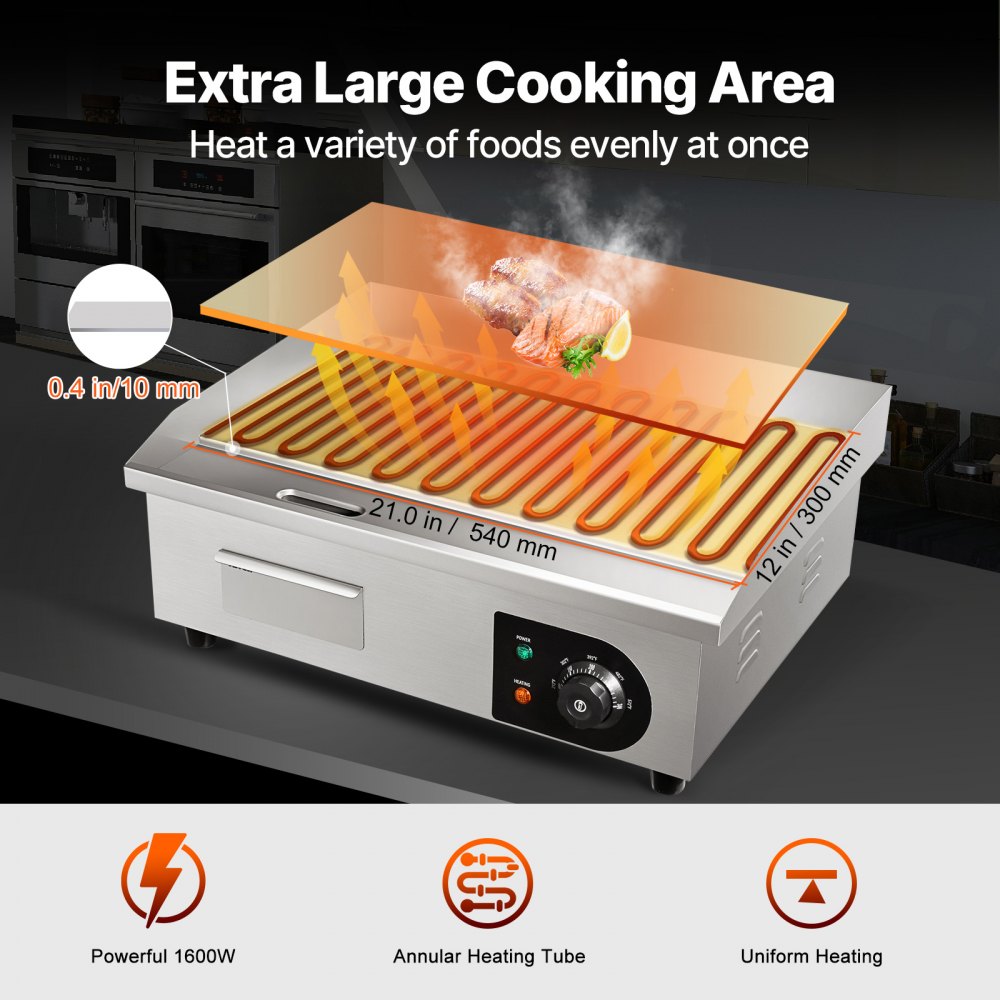 VEVOR Plancha Eléctrica Profesional de Acero Inoxidable 54 x 30 cm Parrilla Eléctrica Industrial Plancha de Cocina de Hierro Temperatura Ajustable 50-300 °C Limpieza Fácil para Barbacoa Restaurante
