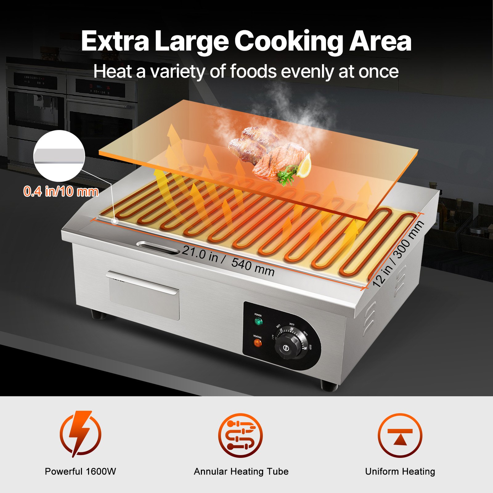 VEVOR Plancha Eléctrica Profesional de Acero Inoxidable 54 x 30 cm Parrilla Eléctrica Industrial Plancha de Cocina de Hierro Temperatura Ajustable 50-300 °C Limpieza Fácil para Barbacoa Restaurante